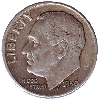 Монета 10 центов. 1950 год, США. (Отметка монетного двора: "D") Рузвельт.
