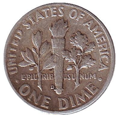 Монета 10 центов. 1950 год, США. (Отметка монетного двора: "D") Рузвельт. Монета 10 центов. 1950 год, США. (Отметка монетного двора: "D") Рузвельт.