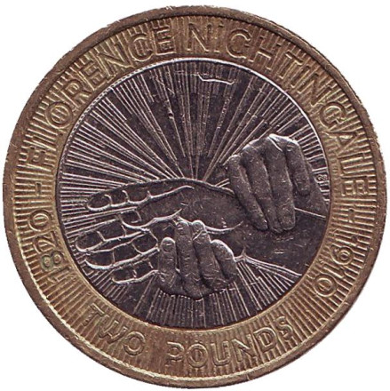 Монета 2 фунта. 2010 год, Великобритания. 100 лет со дня смерти Флоренс Найтингейл.