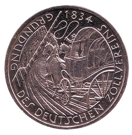 Монета 5 марок. 1984 год (D), ФРГ. UNC. 150 лет образования немецкого таможенного союза.