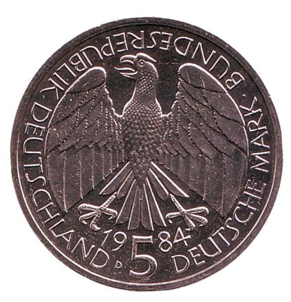 Монета 5 марок. 1984 год, ФРГ. 150 лет образования немецкого таможенного союза. Монета 5 марок. 1984 год, ФРГ. 150 лет образования немецкого таможенного союза.