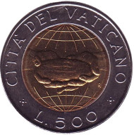 Монета 500 лир. 1992 год, Ватикан. Хлеб для мира. Монета 500 лир. 1992 год, Ватикан. Хлеб для мира.