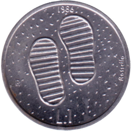 Монета 1 лира. 1986 год, Сан-Марино. Высадка на Луну.
