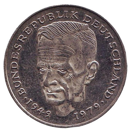 Монета 2 марки. 1992 год (F), ФРГ. Курт Шумахер.