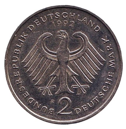 Монета 2 марки. 1992 год (F), ФРГ. Курт Шумахер.