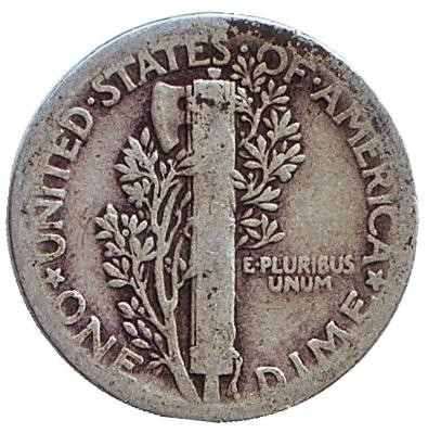 Монета 10 центов. 1935 год, США. Без обозначения монетного двора. Меркурий.