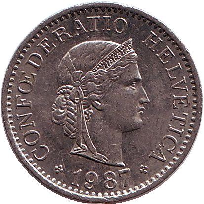 Монета 10 раппенов. 1987 год, Швейцария.