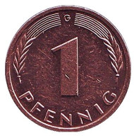 Монета 1 пфенниг. 1999 год (G), ФРГ. Дубовые листья. Монета 1 пфенниг. 1999 год (G), ФРГ. Дубовые листья.
