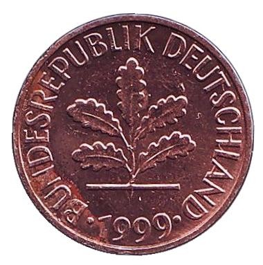 Монета 1 пфенниг. 1999 год (G), ФРГ. Дубовые листья. Монета 1 пфенниг. 1999 год (G), ФРГ. Дубовые листья.