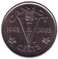 Монета 5 центов, 2005 год, Канада. 60 лет окончания Второй мировой войны. Монета 5 центов, 2005 год, Канада. 60 лет окончания Второй мировой войны.