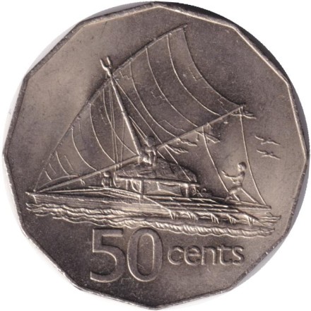 Монета 50 центов. 1976 год, Фиджи. Фиджийское каноэ Такиа (Каунитони).