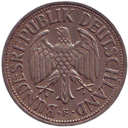 Монета 1 марка. 1954 год (F), ФРГ. Монета 1 марка. 1954 год (F), ФРГ.