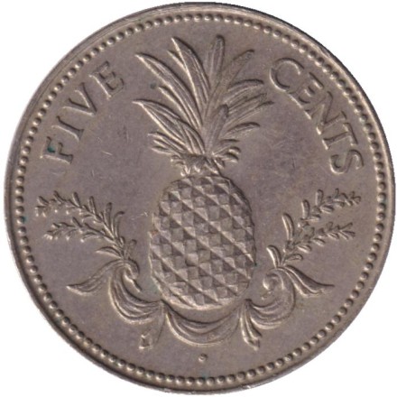 Монета 5 центов. 1975 год, Багамские острова. Ананас. Монета 5 центов. 1975 год, Багамские острова. Ананас.