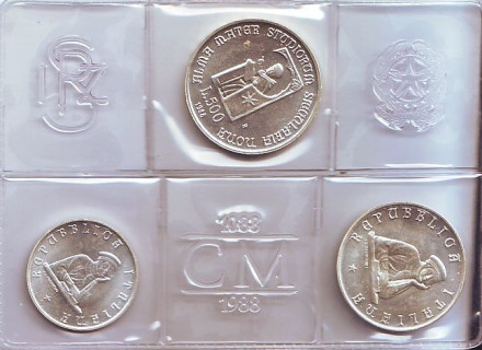 Набор из 3-х монет (100, 200, 500 лир). 1988 год, Италия. 900 лет Болонскому университету. Набор из 3-х монет (100, 200, 500 лир). 1988 год, Италия. 900 лет Болонскому университету.