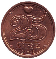 Монета 25 эре. 1999 год, Дания. Монета 25 эре. 1999 год, Дания.