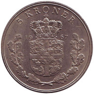 Монета 5 крон. 1967 год, Дания. Монета 5 крон. 1967 год, Дания.