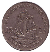Монета 25 центов. 2000 год, Восточно-Карибские государства. Галеон "Золотая лань" сэра Френсиса Дрейка. Монета 25 центов. 2000 год, Восточно-Карибские государства. Галеон "Золотая лань" сэра Френсиса Дрейка.