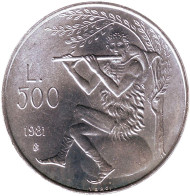 Монета 500 лир. 1981 год, Сан-Марино. Мужчина с флейтой. 2000 лет со дня смерти Вергилия.