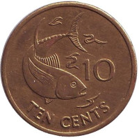 Желтопёрый тунец. Монета 10 центов. 2003 год, Сейшельские острова.