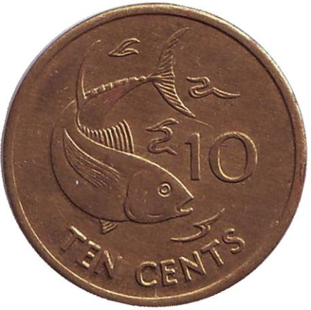 Монета 10 центов. 2003 год, Сейшельские острова. Желтопёрый тунец.