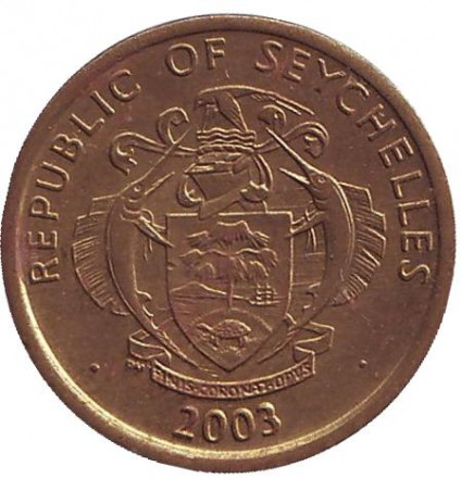 Монета 10 центов. 2003 год, Сейшельские острова. Желтопёрый тунец. Монета 10 центов. 2003 год, Сейшельские острова. Желтопёрый тунец.