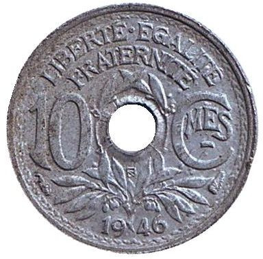 Монета 10 сантимов. 1946 год (B), Франция.