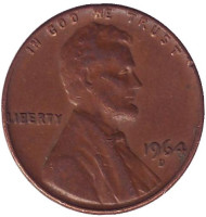 Монета 1 цент. 1964 год (D), США. Линкольн. Монета 1 цент. 1964 год (D), США. Линкольн.