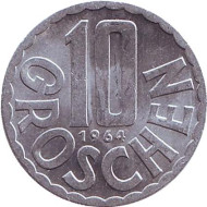 Монета 10 грошей. 1964 год, Австрия. Монета 10 грошей. 1964 год, Австрия.