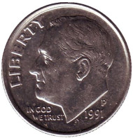 Монета 10 центов. 1991 (P) год, США. Рузвельт. Монета 10 центов. 1991 (P) год, США. Рузвельт.