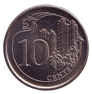 Монета 10 центов. 2016 год, Сингапур. Архитектура. Монета 10 центов. 2016 год, Сингапур. Архитектура.
