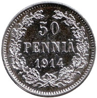 Монета 50 пенни. 1914 год, Великое княжество Финляндское. Монета 50 пенни. 1914 год, Великое княжество Финляндское.