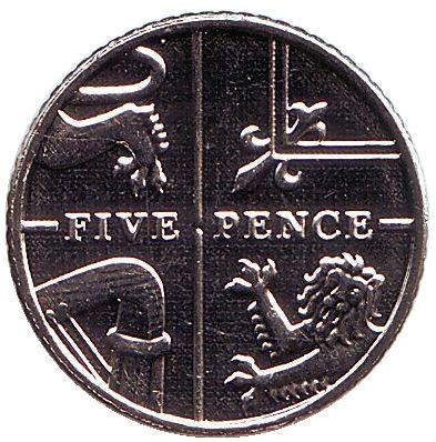 Монета 5 пенсов. 2015 год, Великобритания. Старый тип.