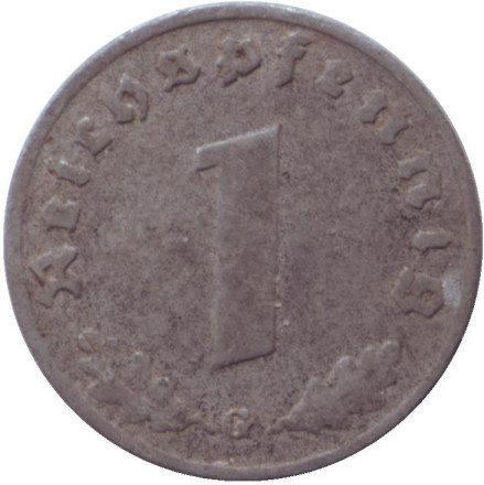 Монета 1 рейхспфенниг. 1942 год (G), Третий Рейх (Германия).