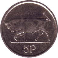 Монета 5 пенсов. 2000 год, Ирландия. Бык. Ирландская арфа. Монета 5 пенсов. 2000 год, Ирландия. Бык. Ирландская арфа.
