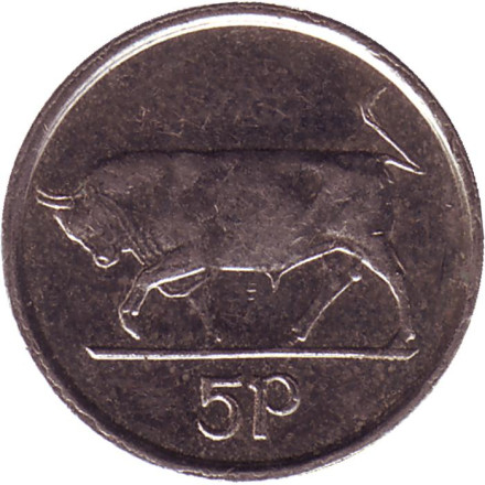 Монета 5 пенсов. 2000 год, Ирландия. Бык. Ирландская арфа.