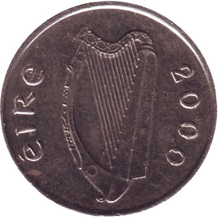 Монета 5 пенсов. 2000 год, Ирландия. Бык. Ирландская арфа.