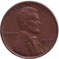 Монета 1 цент. 1947 год (P), США. Линкольн. Монета 1 цент. 1947 год (P), США. Линкольн.