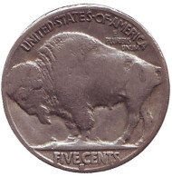 Монета 5 центов. 1935 год (S), США. Бизон. Индеец. Монета 5 центов. 1935 год (S), США. Бизон. Индеец.