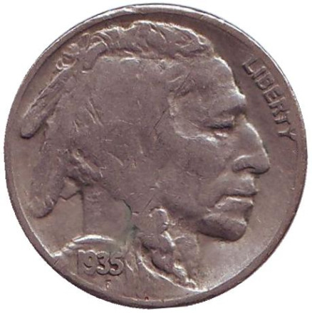 Монета 5 центов. 1935 год (S), США. Бизон. Индеец. Монета 5 центов. 1935 год (S), США. Бизон. Индеец.