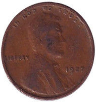 Монета 1 цент. 1927 год, США. (Без отметки монетного двора) Линкольн. Монета 1 цент. 1927 год, США. (Без отметки монетного двора) Линкольн.