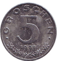 Монета 5 грошей. 1991 год, Австрия. Имперский орёл. Монета 5 грошей. 1991 год, Австрия. Имперский орёл.