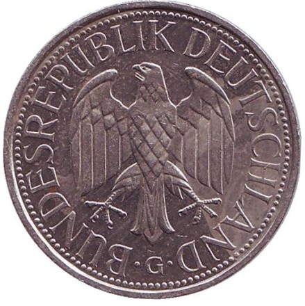 Монета 1 марка. 1992 год (G), ФРГ. Монета 1 марка. 1992 год (G), ФРГ.