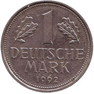 Монета 1 марка. 1992 год (G), ФРГ. Монета 1 марка. 1992 год (G), ФРГ.