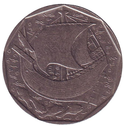 Монета 50 эскудо. 1986 год, Португалия. Парусник.