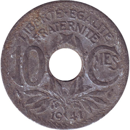 Монета 10 сантимов. 1941 год, Франция. (Без подчеркивания под MES. Дата без точек).