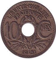Монета 10 сантимов. 1931 год, Франция. Монета 10 сантимов. 1931 год, Франция.