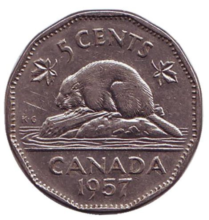 Монета 5 центов, 1957 год, Канада. Бобр.
