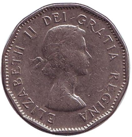 Монета 5 центов, 1957 год, Канада. Бобр.