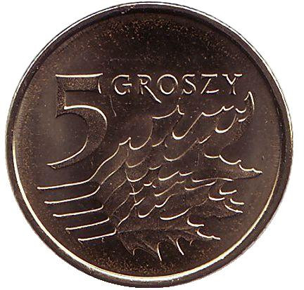Монета 5 грошей. 2018 год, Польша. Дубовые листья.