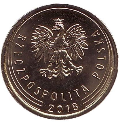 Монета 5 грошей. 2018 год, Польша. Дубовые листья.